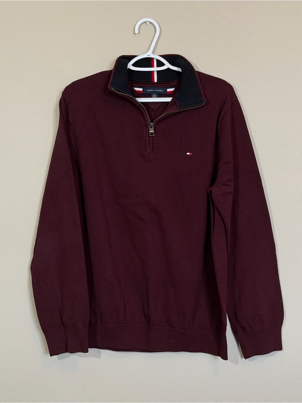 Tommy Hilfiger Men’s Quarter-Zip Sweater - Burgundy with Navy Trim